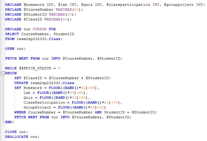 sql command that iterates through each student and applies random grades general passing